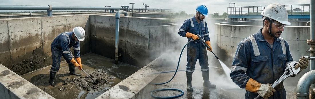 CPM Water Solution team cleaning STP tanks on site