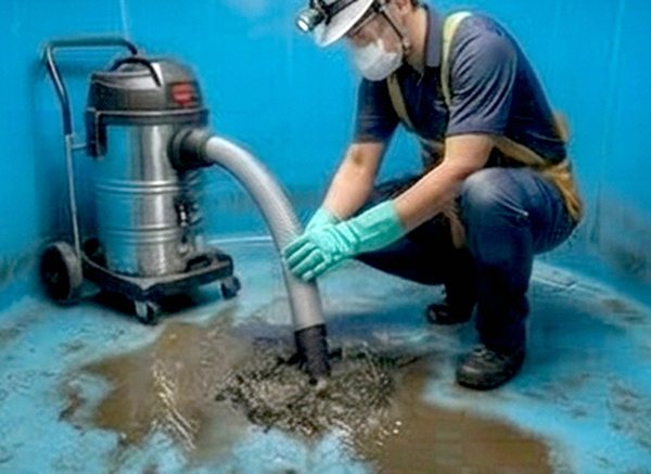 CPM Water Solution technician vacuuming sludge from a water tank